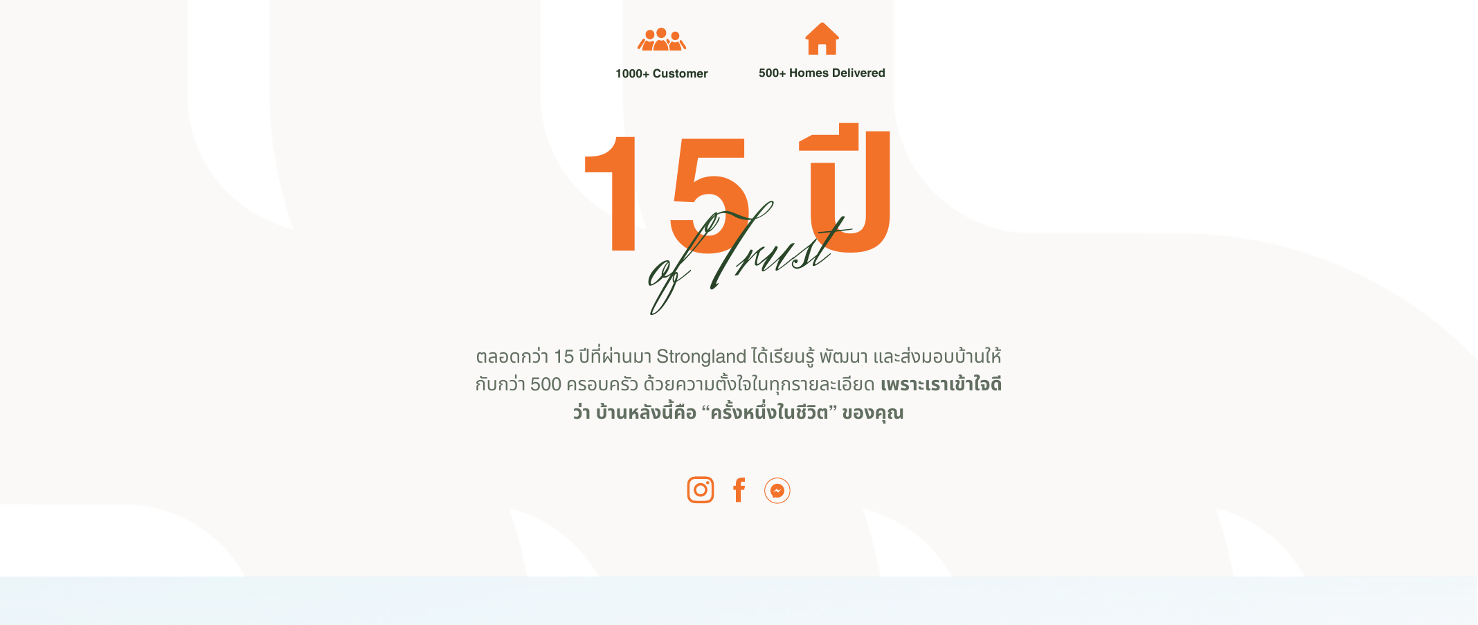15 ปี of Trust — 1000+ Customer, 500+ Homes Delivered. ตลอดกว่า 15 ปี Strongland ส่งมอบบ้านคุณภาพให้ลูกค้ากว่า 500 ครอบครัว เพราะเราเข้าใจดีว่าบ้านหลังนี้คือครั้งหนึ่งในชีวิตของคุณ